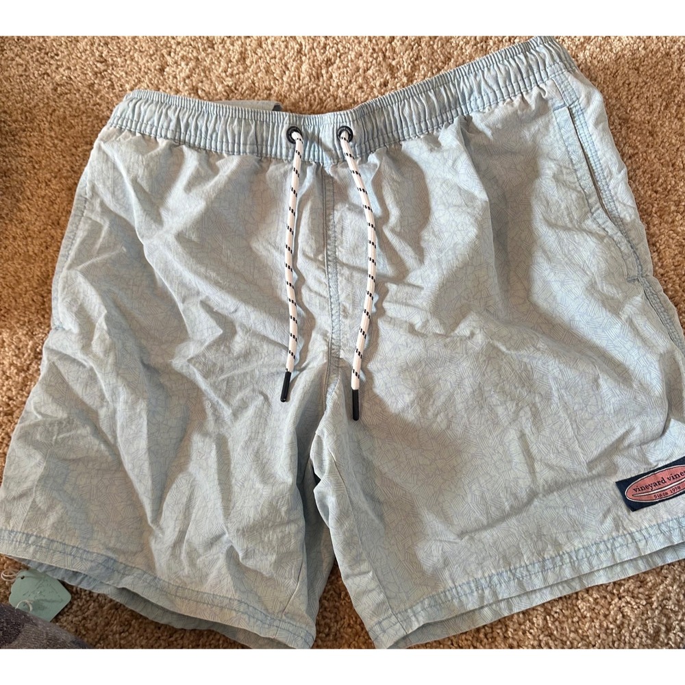 Vineyard Vines Mens Swim Trunks Light Blue Geometric Print Mesh Lined Small